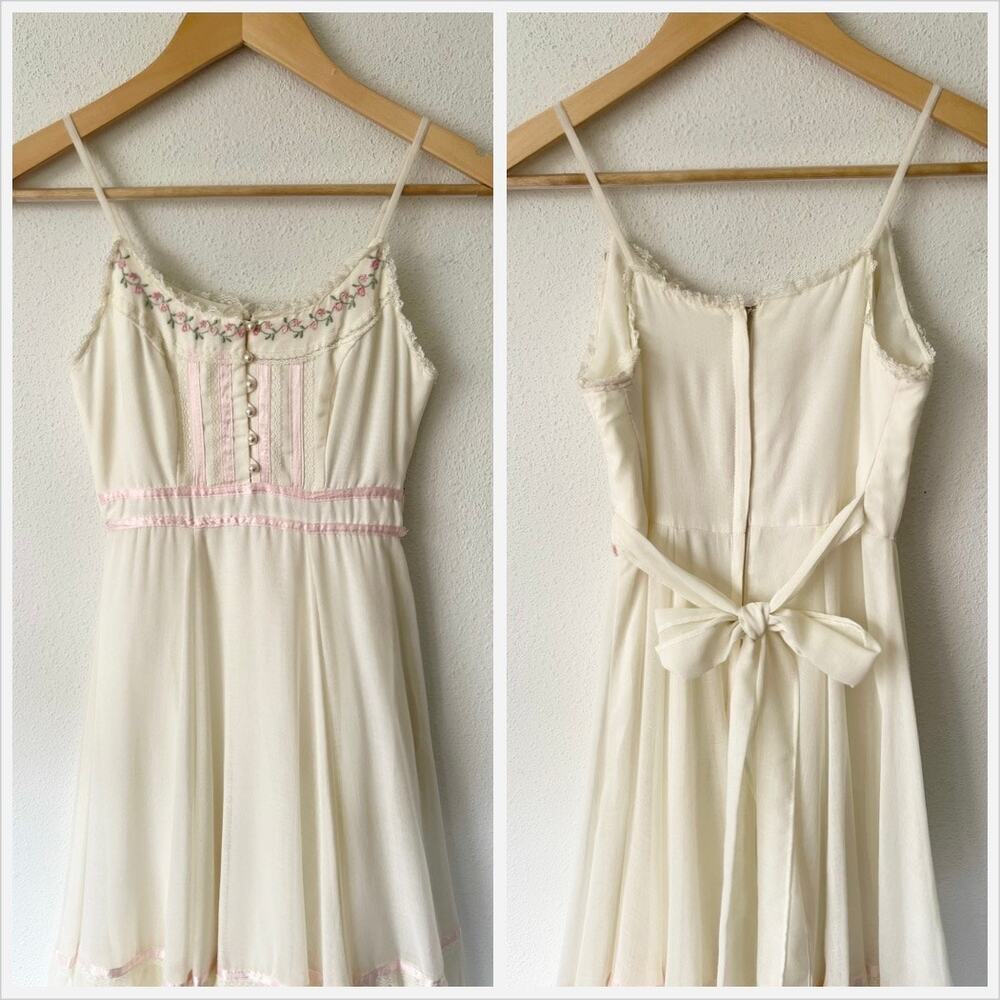 Vintage 70s Gunne Sax Prairie Dress Maxi Ivory Cottagecore Wedding // Size XXS - Picture 4 of 6